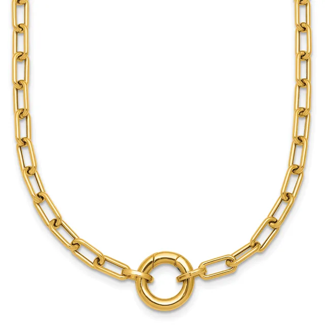 Gold-tone chain necklace with rectangular links and a circular ring pendant at the center, displayed against a white background.