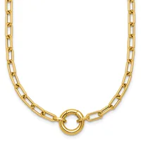 Gold-tone chain necklace with rectangular links and a circular ring pendant at the center, displayed against a white background.