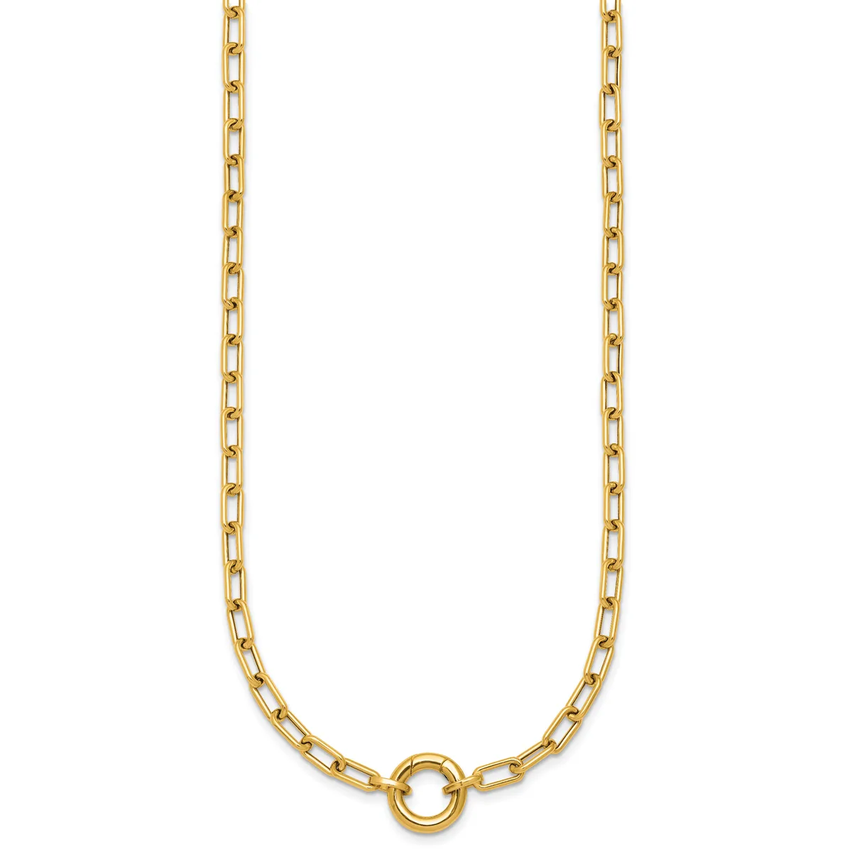 A gold-colored chain necklace with rectangular links and a small circular ring pendant at the center, displayed against a white background.