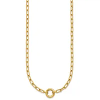 A gold-colored chain necklace with rectangular links and a small circular ring pendant at the center, displayed against a white background.