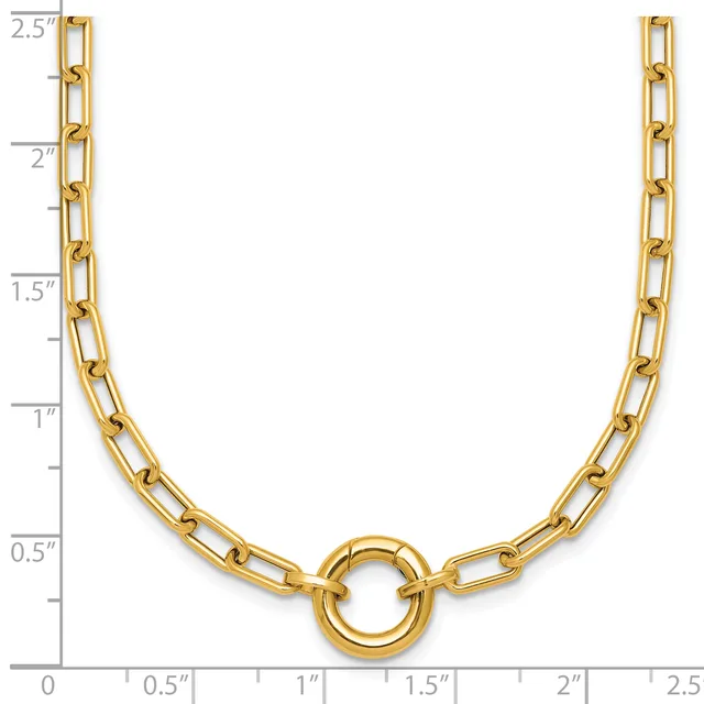 Gold-toned chain necklace with rectangular links and a circular ring pendant at the center, displayed against a measurement ruler.