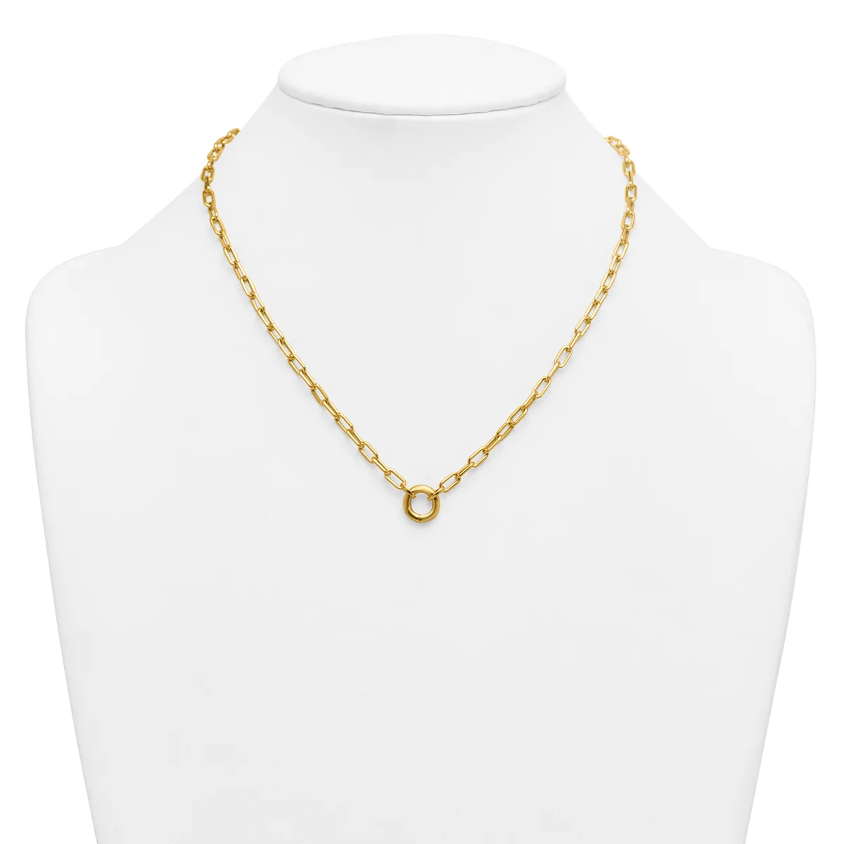 A gold-toned chain necklace with oval link sections displayed on a white mannequin bust, featuring a small circular pendant at the center front.