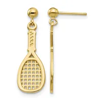 A pair of gold tennis racket charm earrings with ball stud posts, shown from front and side views.