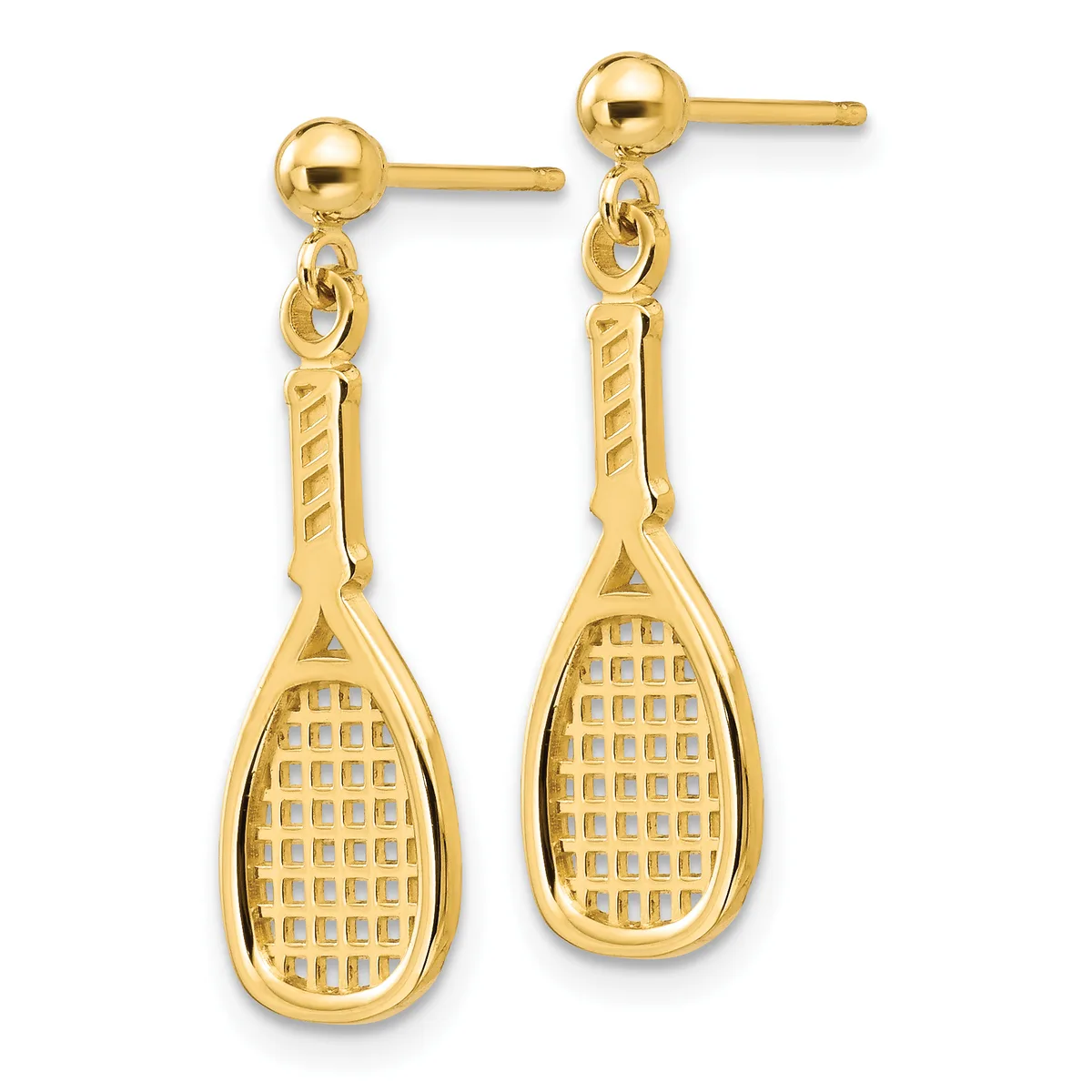 Pair of gold tennis racket dangle earrings with textured handles and pierced oval heads, shown on post and backing closures.