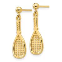 Pair of gold tennis racket dangle earrings with textured handles and pierced oval heads, shown on post and backing closures.