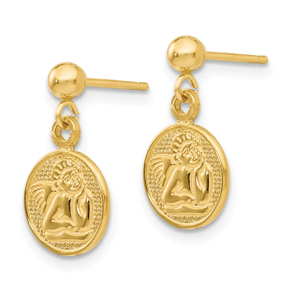 Pair of gold drop earrings with ball studs and oval pendant charms featuring embossed cherub designs surrounded by textured borders.