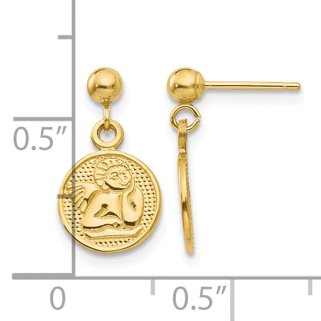 Gold ball stud earrings with dangling circular charms featuring an embossed ram or sheep design, shown next to a ruler indicating approximately 0.5 inches in length.