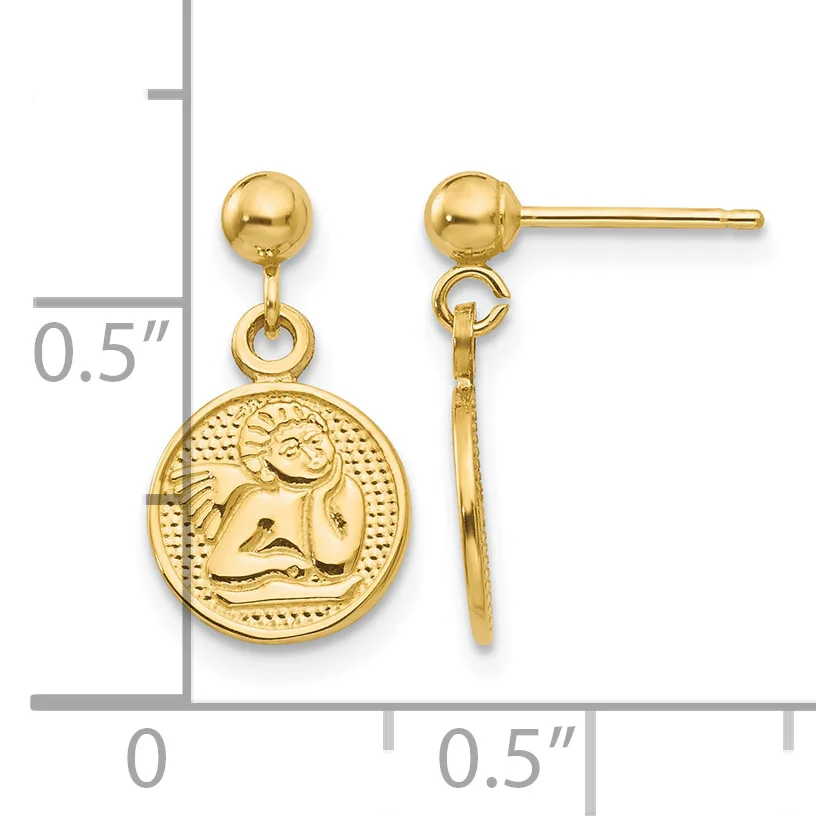 Gold ball stud earrings with dangling circular charms featuring an embossed ram or sheep design, shown next to a ruler indicating approximately 0.5 inches in length.