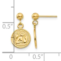 Gold ball stud earrings with dangling circular charms featuring an embossed ram or sheep design, shown next to a ruler indicating approximately 0.5 inches in length.