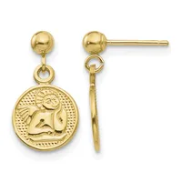 Pair of gold dangle earrings with ball studs featuring circular lion medallion charms with dotted border detail.