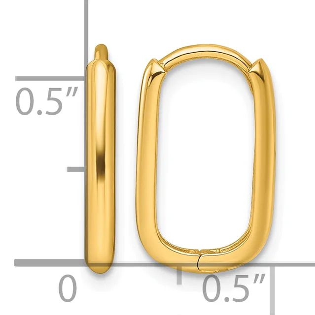 A pair of gold-colored rectangular hoop earrings with rounded corners and hinged closures, shown front and side view with measurement scale indicating approximately 0.5 inches in height and width.