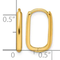 A pair of gold-colored rectangular hoop earrings with rounded corners and hinged closures, shown front and side view with measurement scale indicating approximately 0.5 inches in height and width.