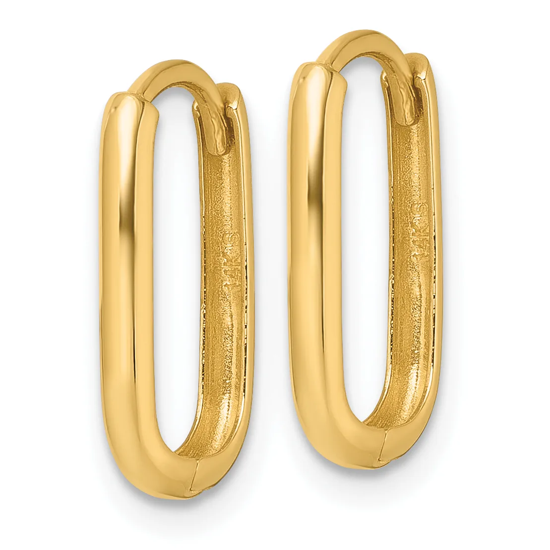 A pair of polished gold-colored oval hoop earrings with rounded edges and hinged closures, shown against a white background.