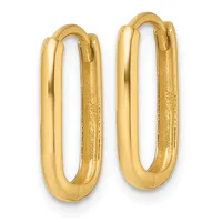 A pair of polished gold-colored oval hoop earrings with rounded edges and hinged closures, shown against a white background.