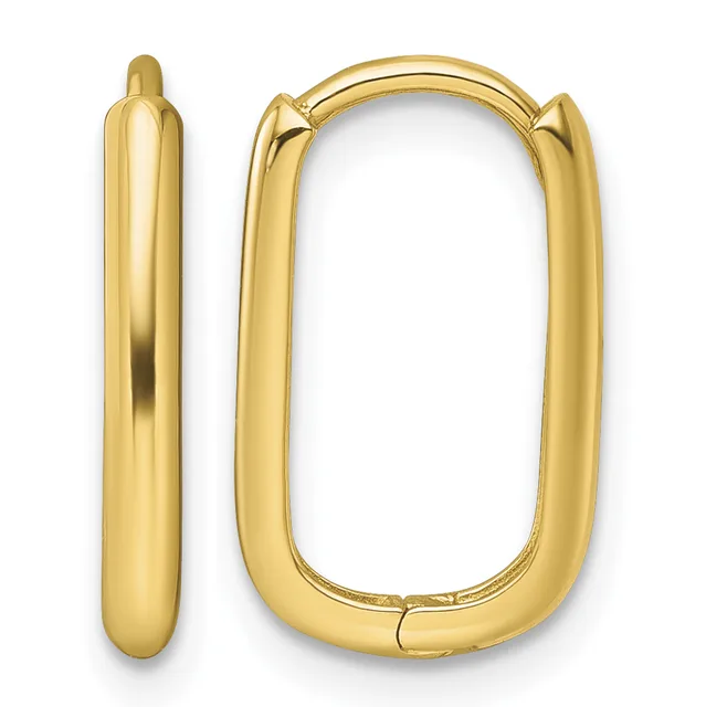 Pair of polished gold-colored rectangular hoop earrings with rounded corners and a hinged clasp closure, shown from the front.
