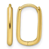 Pair of polished gold-colored rectangular hoop earrings with rounded corners and a hinged clasp closure, shown from the front.
