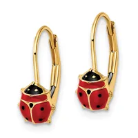 Pair of gold-toned lever-back earrings featuring red and black enameled ladybug charms with black spots and black enameled heads.