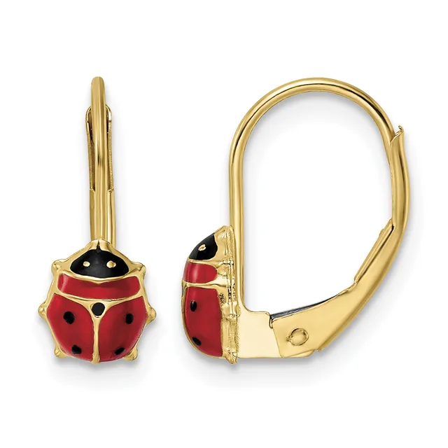 Gold-toned leverback earrings shaped like red and black enameled ladybugs, shown from front and side views.