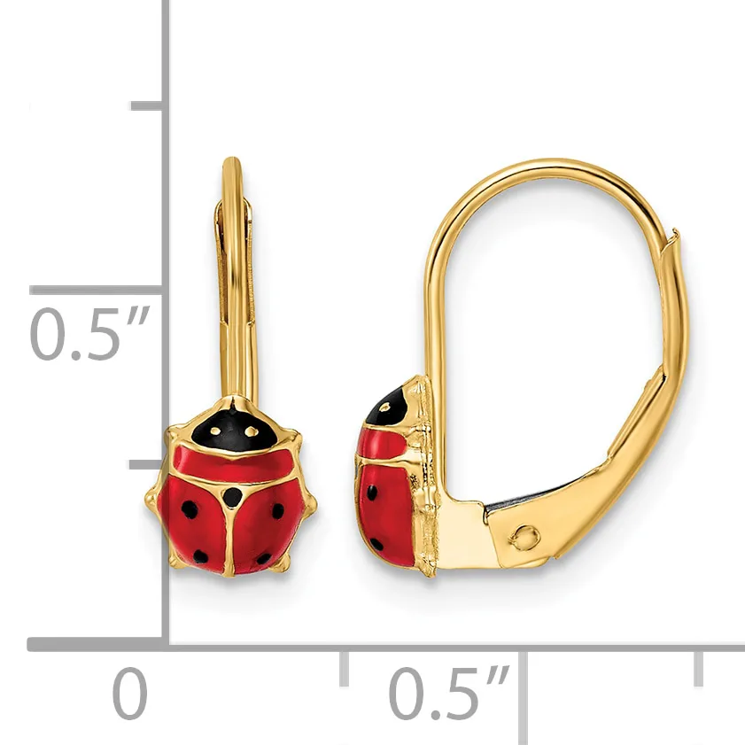 A pair of gold-toned leverback earrings featuring red enamel ladybug charms with black spots and details, shown next to a measurement scale indicating approximately 0.5 inches in height.