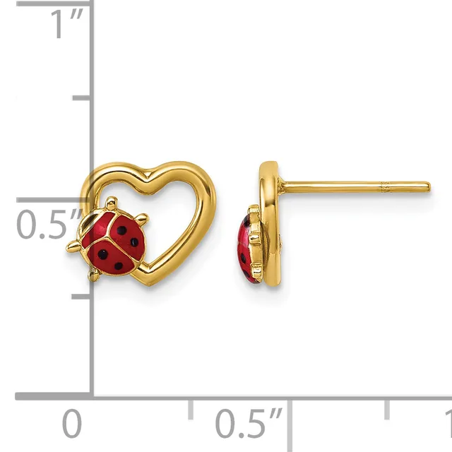 Gold heart-shaped stud earrings with red enamel ladybug charms, shown front and side view with measurement scale.