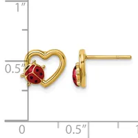 Gold heart-shaped stud earrings with red enamel ladybug charms, shown front and side view with measurement scale.