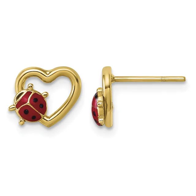 Pair of gold heart-shaped stud earrings, each featuring a red enamel ladybug with black spots positioned at the bottom of the heart outline.