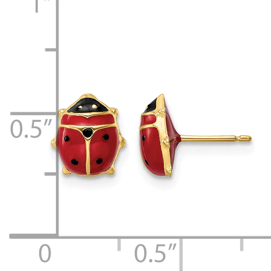 Two red and gold ladybug stud earrings shown from front and side views next to a measurement scale indicating approximately half an inch in size.