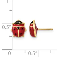 Two red and gold ladybug stud earrings shown from front and side views next to a measurement scale indicating approximately half an inch in size.