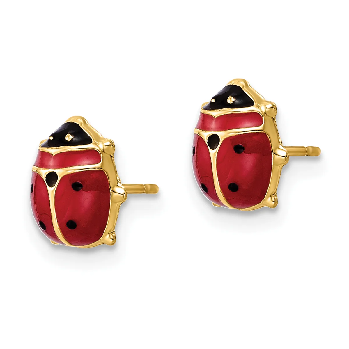 A pair of gold-plated ladybug stud earrings with red enamel bodies, black enamel heads, and black dotted markings.