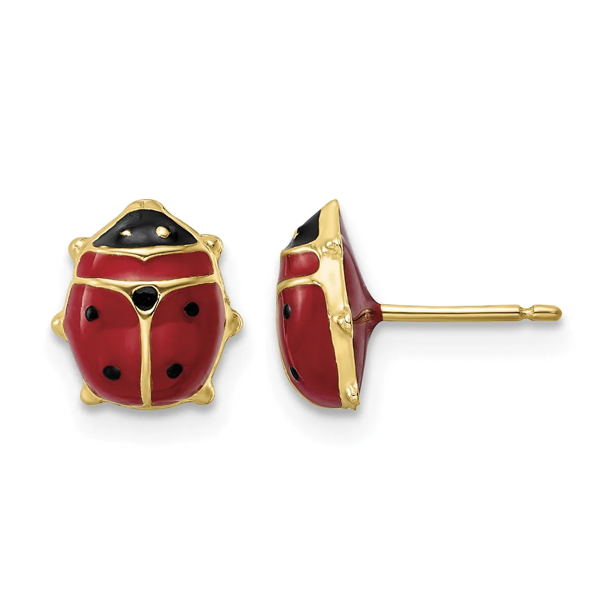 A pair of gold ladybug stud earrings with red enamel wings, black enamel spots, and black enamel heads, shown from front and side views.