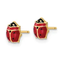 A pair of gold-plated ladybug stud earrings with red enamel bodies, black spots, and black enamel wing covers with gold detailing.