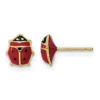 Gold-plated ladybug stud earrings with red enamel wings, black enamel heads, and black enamel spots, shown from front and side views.