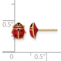 Gold-toned ladybug stud earrings with red enamel wings and black spots, shown front and side view with a measurement scale.
