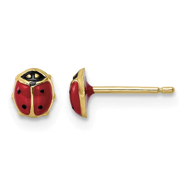 Pair of gold ladybug stud earrings with red enamel wings, black enamel spots, and black enamel heads, shown from front and side views.