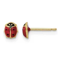 Pair of gold ladybug stud earrings with red enamel wings, black enamel spots, and black enamel heads, shown from front and side views.