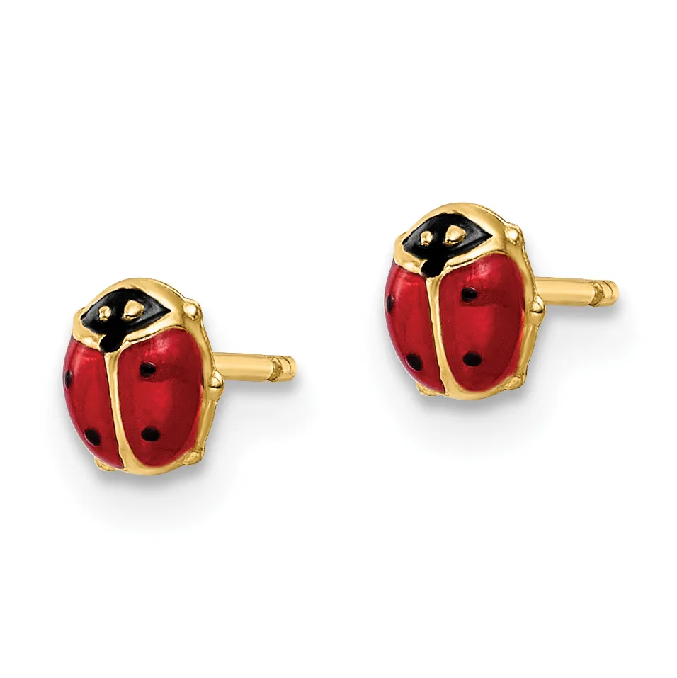 A pair of gold stud earrings shaped like red ladybugs with black spots and black head sections, shown from the front.