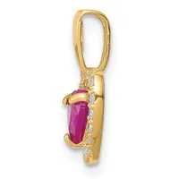 Gold pendant with an oval bail featuring a faceted pink or red gemstone surrounded by small round diamonds set along the sides.