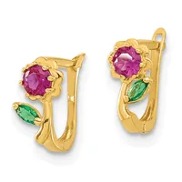 Pair of gold-colored hoop earrings, each featuring a round purple gemstone at the top and a green marquise-shaped gemstone on the side.
