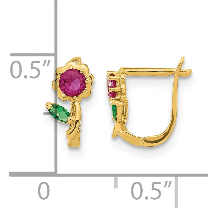 Gold-toned earrings with pink round stones and green marquise-shaped stones, shown next to a measurement scale indicating approximately 0.5 inches in height.