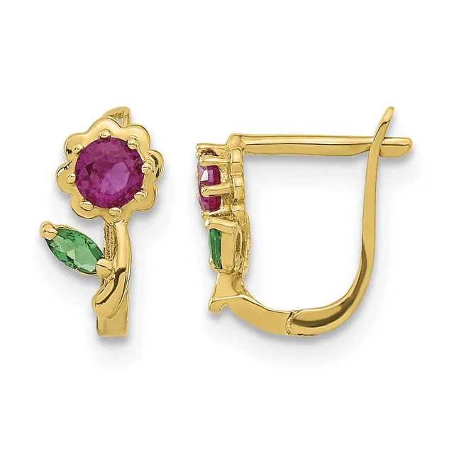 Gold earrings with purple faceted gemstones forming flower heads and small green marquise-cut stones as leaves, shown from front and side views.