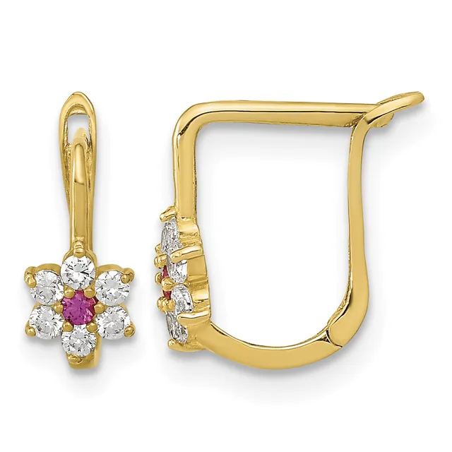 Pair of gold hoop earrings with leverback closures, each featuring a four-pointed flower design set with a central ruby surrounded by diamonds.