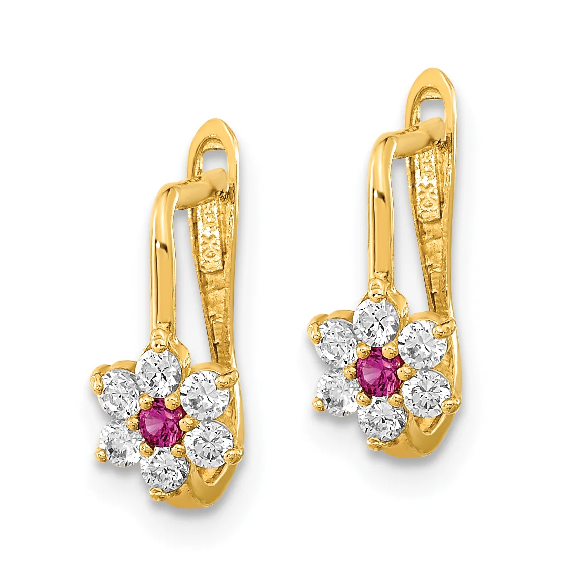 Pair of gold leverback earrings with flower-shaped clusters featuring a central pink ruby surrounded by white diamonds.