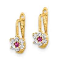 Pair of gold leverback earrings with flower-shaped clusters featuring a central pink ruby surrounded by white diamonds.