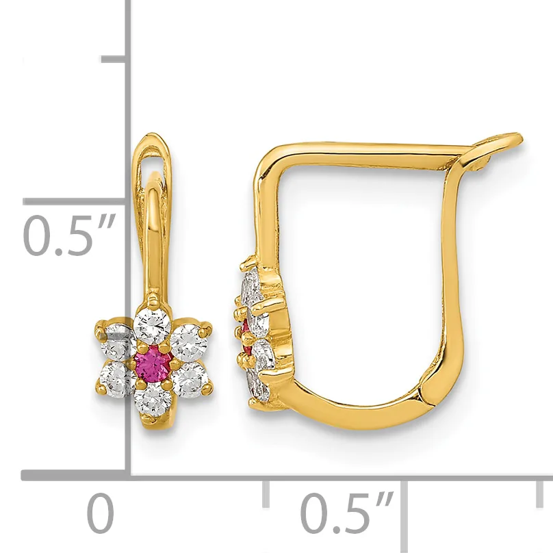 Yellow gold hoop earrings with a floral cluster pendant featuring a pink stone center surrounded by clear stones, shown with a measurement scale indicating approximately 0.5 inches in height.