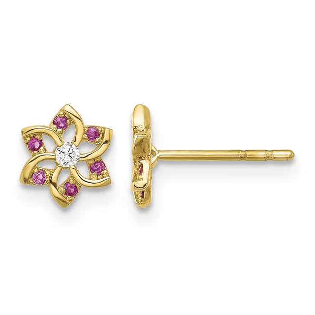 Pair of gold stud earrings featuring a four-petal flower design with a white diamond center stone and pink sapphires set in the curved petals, shown from front and side views.
