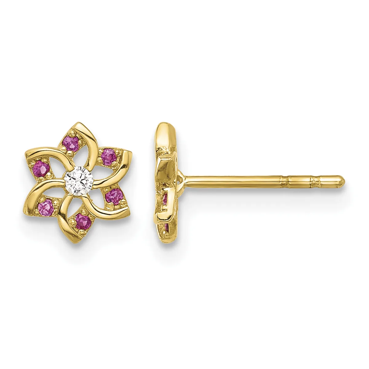 Pair of gold stud earrings featuring a four-petal flower design with a white diamond center stone and pink sapphires set in the curved petals, shown from front and side views.