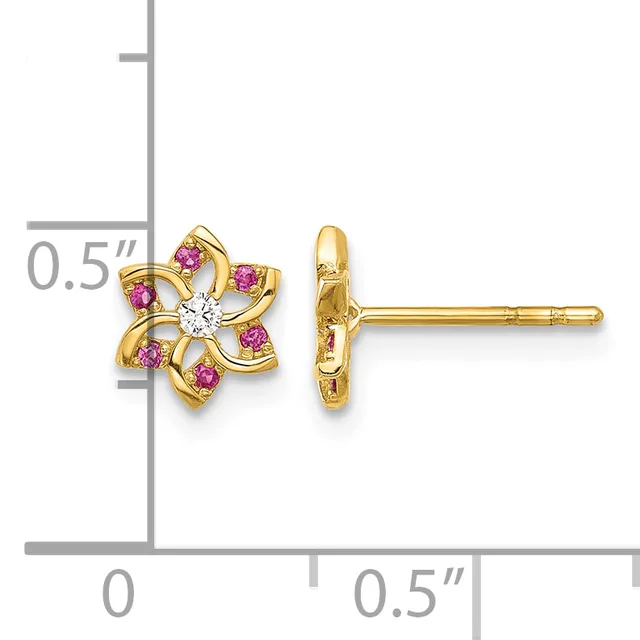 Pair of gold stud earrings featuring five-petaled flower designs with a white center stone surrounded by pink stones, shown front and side view with a measurement scale.