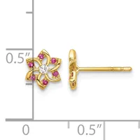 Pair of gold stud earrings featuring five-petaled flower designs with a white center stone surrounded by pink stones, shown front and side view with a measurement scale.