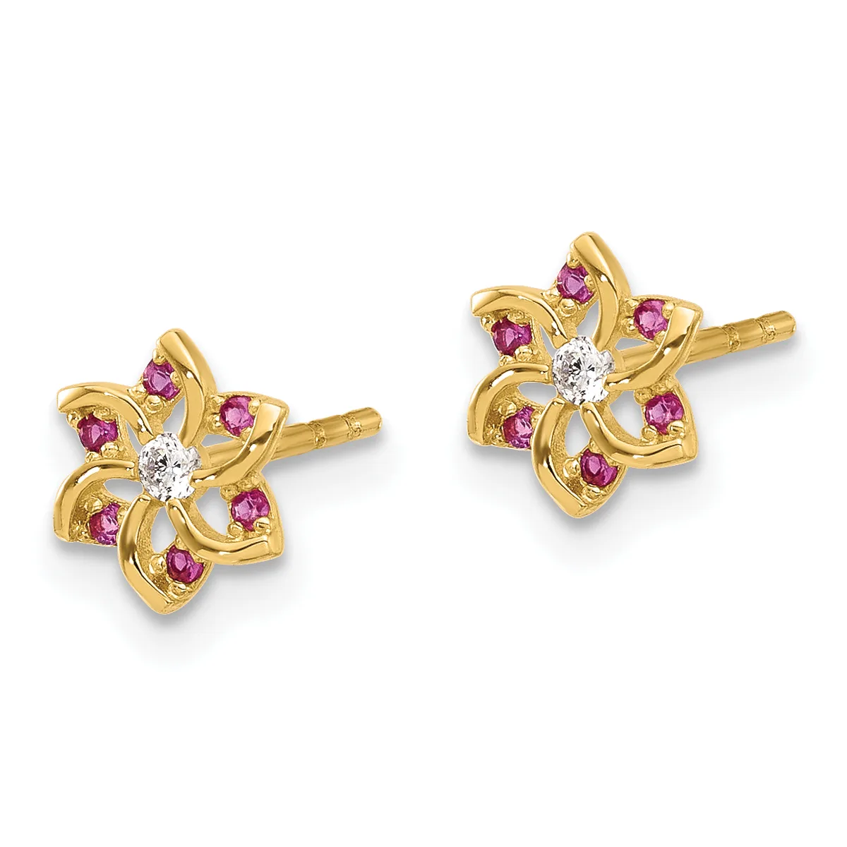 A pair of yellow gold flower stud earrings with white diamond centers surrounded by pink gemstones in a four-petal design.