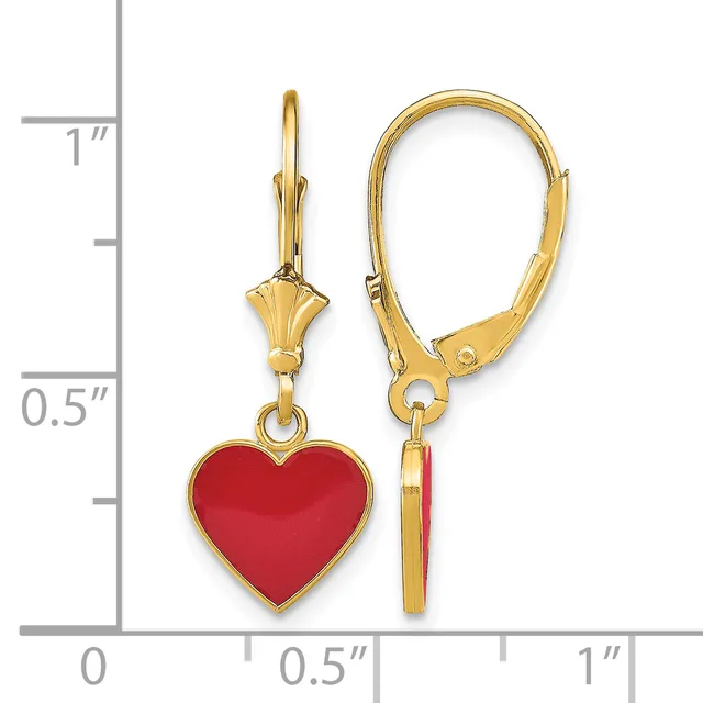 Gold-toned leverback earrings with red enamel heart charms, displayed against a measurement scale showing approximately one inch in length.